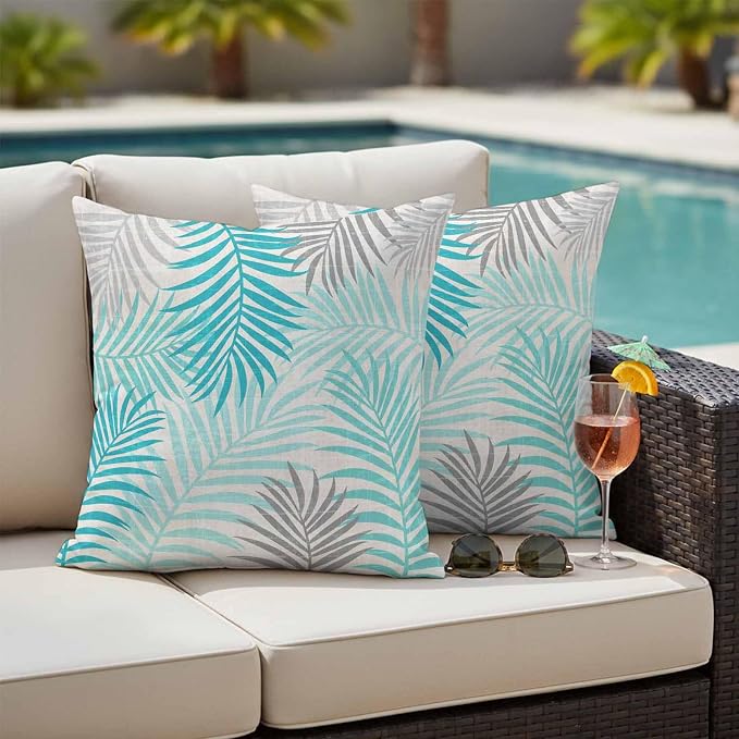 Outdoor Waterproof Throw Pillow Covers, Teal Grey Palm Leaves Decorative Pillow Cases, Summer Botanical Tropical Leaf Couch Pillow Protector Patio Sofa Cushion Covers Replacement 24"x24" 2 Pack