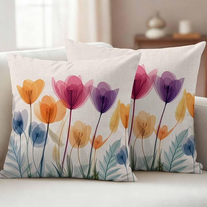 Spring Outdoor Waterproof Throw Pillow Covers Set of 2, 26"x26", Floral Cartoon Multicolor Tulips Leaf Retro Decorative Pillow Covers Outside Cushion Case for Patio Porch Garden