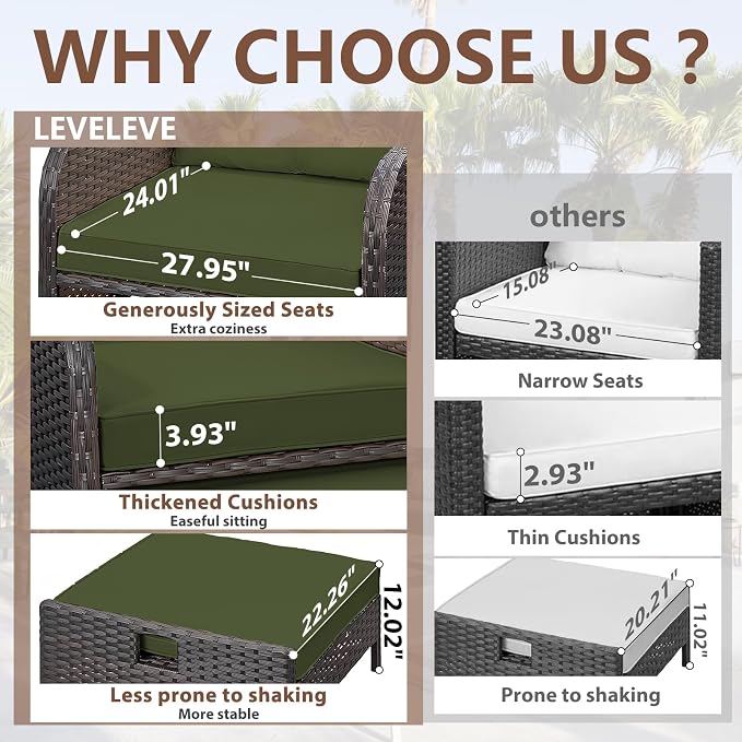 LEVELEVE Balcony Furniture 5 Piece Patio Conversation Set, PE Wicker Rattan Outdoor Lounge Chairs with Soft Cushions 2 Ottoman&Glass Table for Porch, Lawn-Brown Wicker（Army Green