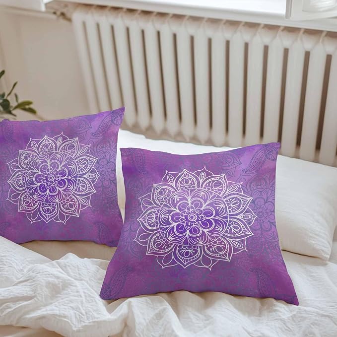 Vandarllin Outdoor Throw Pillows Covers 26x26 inch Set of 2 Waterproof Purple Boho Floral Decorative Zippered Cushion Covers for Patio Furniture, Bohemian Flower Lumbar Pillowcases