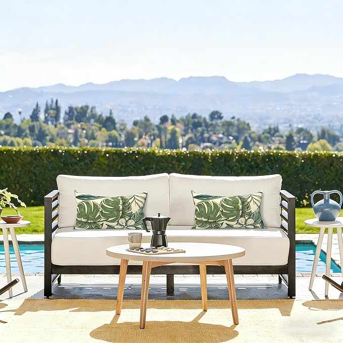 LVTXIII Outdoor/Indoor Lumbar Pillow Covers ONLY, Patio Lumbar Cushion Covers, Fluffy Water Repellent Garden Cushion Cases for Patio Coach Sofa Use, 12x20 Inch, Pack of 2, Tropical Paradise