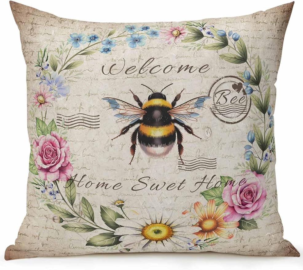 Outdoor Waterproof Throw Pillows Farmhouse Flower Leaf Wreath Patio Pillows,Decorative Pillow Covers with Insert,Pillow Cushion Case for Garden Couch Sofa Rustic Bee Retro Letter