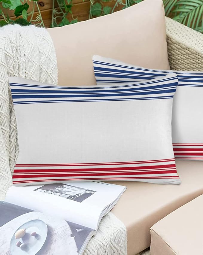 Prime Leader Outdoor Waterproof Pillow Covers Set of 2, Independence Day Flag Day Blue Red Stripe Patio Throw Pillow Covers, Decorative Cushion Case for Couch Sofa Furniture Garden, 20x12 Inch