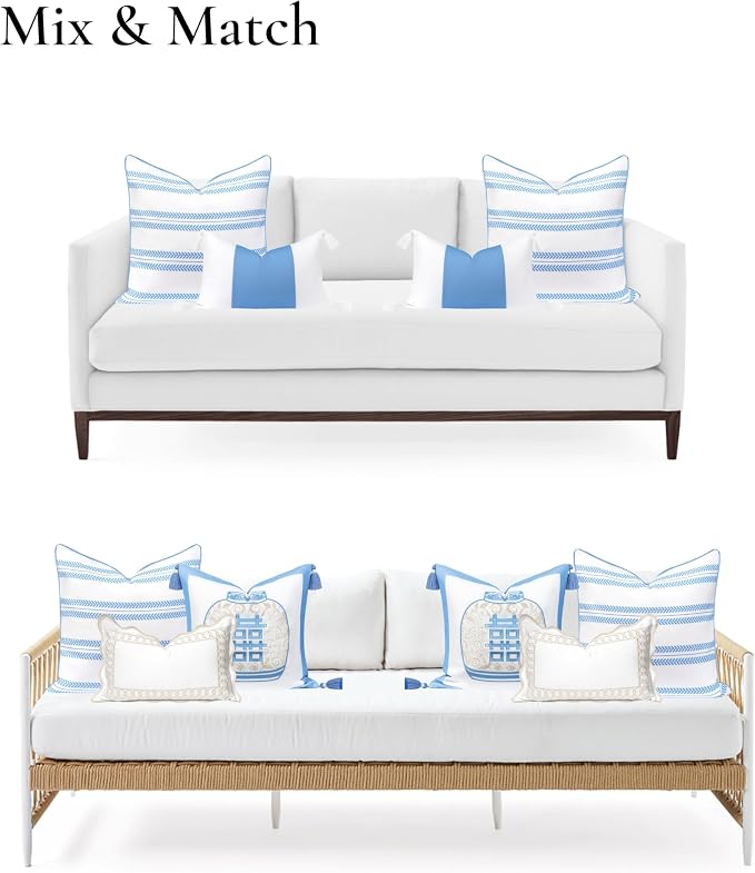 Hofdeco Premium Coastal Hampton Patio Indoor Outdoor Throw Pillow Cover Only, 22"x22" Water Repellent for Backyard, Couch, Poolside, Azure Blue Print Leaf Striped