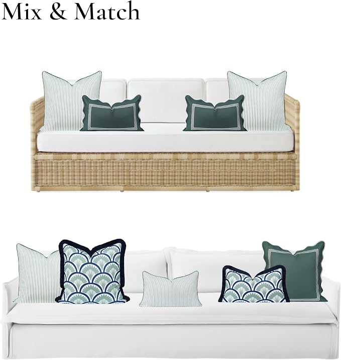 Hofdeco Premium Coastal Grandmillennial Patio Indoor Outdoor Throw Pillow Cover Only, 20"x20" Water Repellent for Backyard, Couch, Poolside, Celadon Green Print Stripes