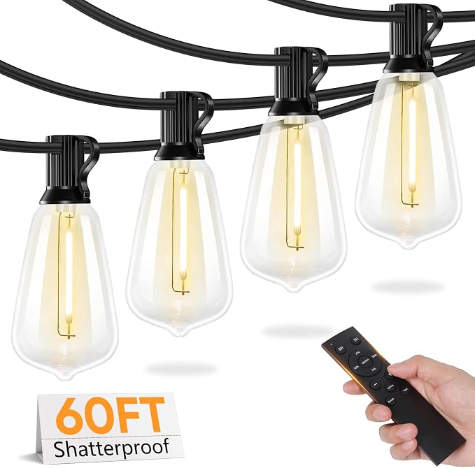 LED Outdoor String Lights with Remote, 60FT Patio Lights Outdoor Waterproof with 19 Shatterproof ST38 LED Edison Bulbs, 3 Modes 2 Timer Dimmable String Lights for Outside, Low Voltage 24V