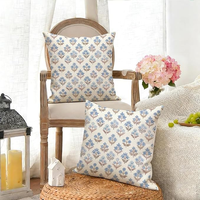 RABUSOFA Blue Floral Pillow Covers 18x18 Inch Set of 2 Outdoor Waterproof Decorative Throw Pillows for Home Spring Summer Decor Couch Patio Funiture Garden Vintage Flower