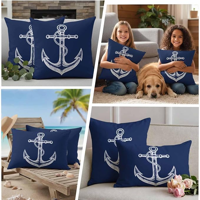 Nautical Outdoor Waterproof Throw Pillow Covers Set of 2, 16"x16", Anchor Rope Coastal Navy Blue Minimalist Decorative Pillow Covers Outside Cushion Case for Patio Porch Garden