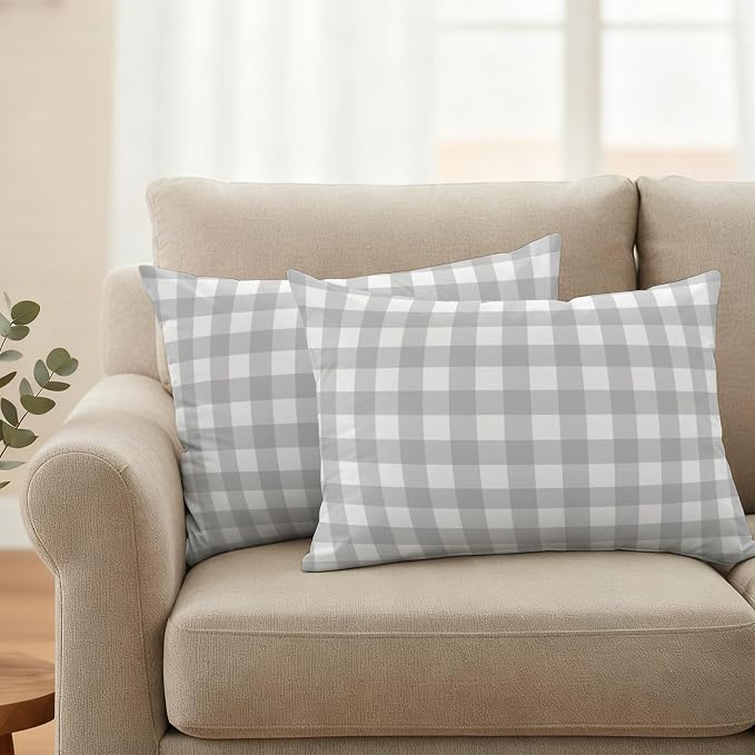 Light Gray Checks Outdoor Pillow Covers 20"x12" Set of 2, Gingham Plaid Abstract Modern Minimalist Waterproof Throw Pillow Covers for Patio Furniture, Decorative Cushion Covers for Porch