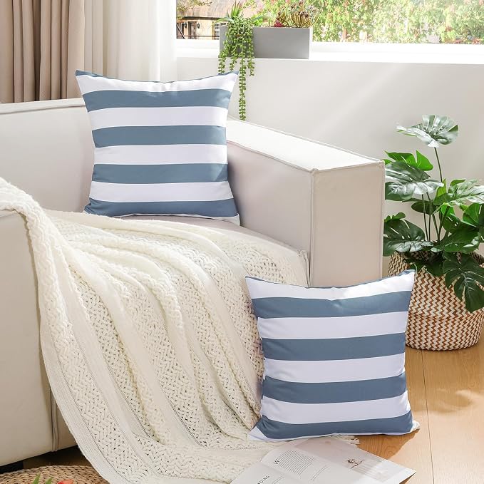 Lewondr 2 Pack Outdoor Throw Pillow Covers, 18"x18", Navy Blue + White | Square Stripe, Waterproof, For Outdoor Patio Porch Farmhouse Garden Balcony Couch, 45x45cm