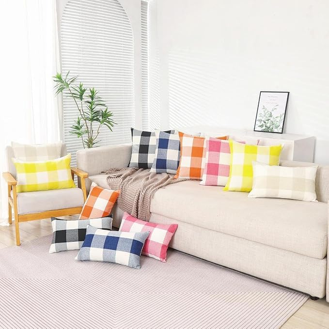Orange Fall Plaid Euro Pillow Sham Covers 26x26, Large Couch Pillow Covers | Set of 2, Durable Polyester Fabric, 26 x 26 Fall Pillow Cover, Fall Couch Buffalo Plaid Checkered, Fall Decor for Living Room