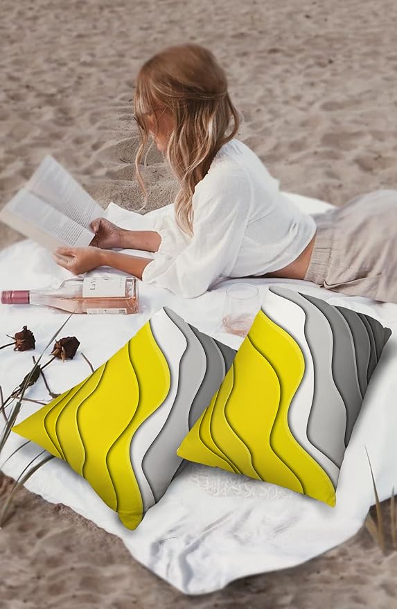 Modern Geometric Outdoor Waterproof Pillow Covers for Patio Furniture Yellow Decorative Throw Pillow Cover Abstract Beach Pillowcases Set of 2 Cushion Case for Sofa Couch Chair Home Decor 20 x 12 Inch