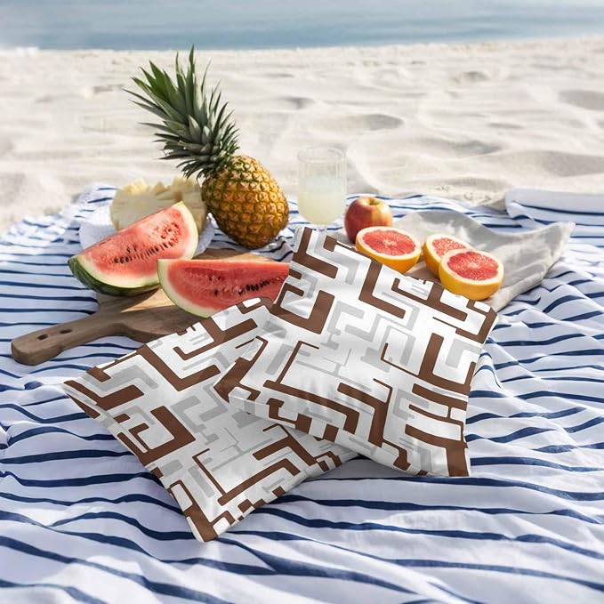 Vandarllin Outdoor Throw Pillows Covers 18x18 inch Set of 2 Waterproof Brown Geometric Stripes Decorative Zippered Cushion Covers for Patio Furniture, Modern Abstract Lines Lumbar Pillowcases
