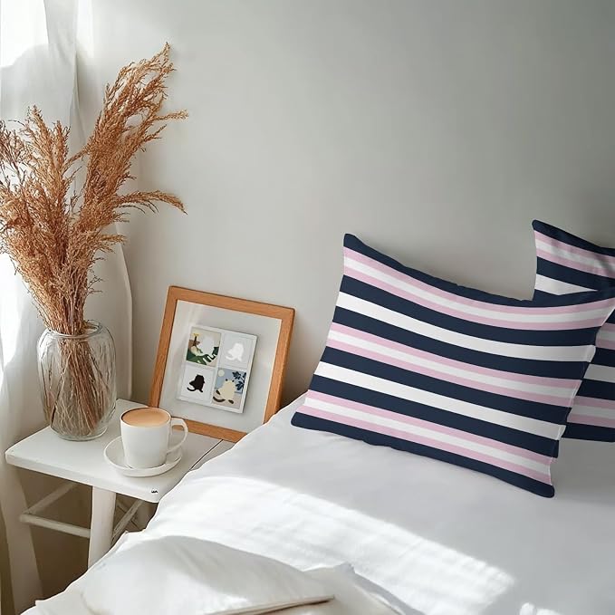 Pink Navy Blue Striped Outdoor Pillow Covers Waterproof, All Weather Cushion Case Set of 2, Minimalist Abstract Lines Artwork Lumbar Pillowcase for Sofa Couch Bed Decor Patio Furniture 20"x12"