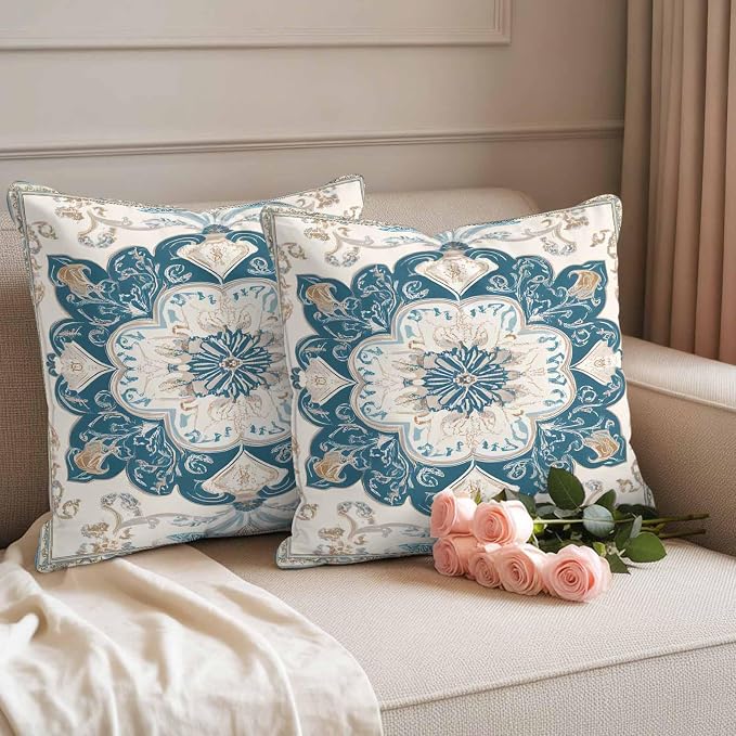 Boho Flowers Waterproof Outdoor Pillow Covers Set of 2 Home Decor, Country Neutral Chic Abstract Floral Art Pillowcase Patio Pillow Covers for Couch Bench Furniture Garden 26x26in