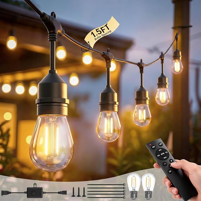 25FT S14 Outdoor String Lights, 15+2 Shatterproof Bulbs 2W, 1.5FT Spacing IP65 Waterproof| Dimmable with Remote, Heavy-Duty, Include Screw & Zip Ties for Patio Backyard Holiday Outside