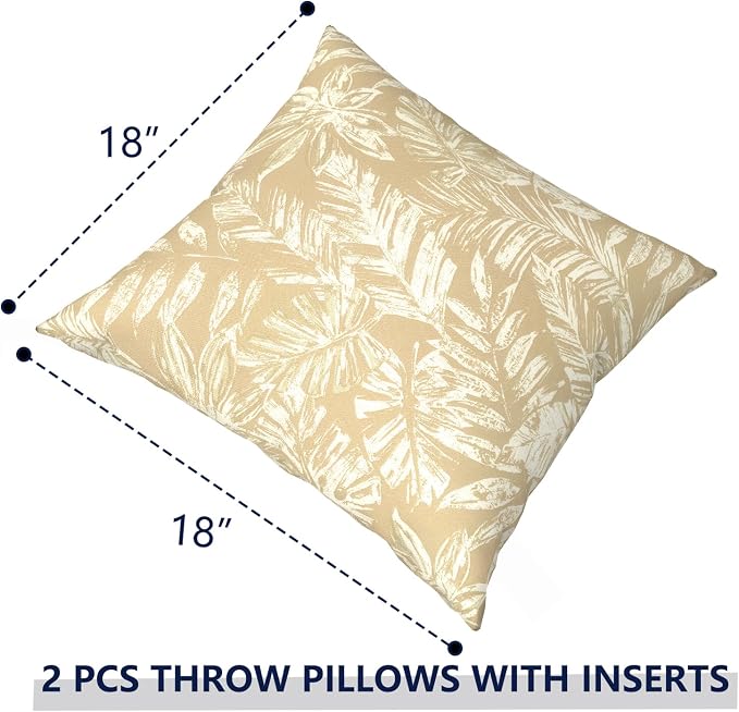 Outdoor Pillows with Insert 18x18 Inch, Waterproof Throw Pillow for Patio Furniture, Decorative Back Cushion for Garden Home Sofa Office Chair, Set of 2, Tropical Leaf Oat