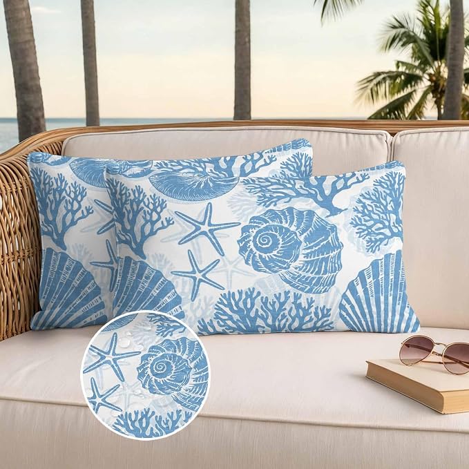 Lumbar Pillow Covers 20x12 Inch Set of 2, Blue Coastal Waterproof Outdoor Pillow Covers, Beach Starfish Nautical Coral Shell Summer Decorative Cushion Pillowcases for Couch, Sofa, Bed, Garden, Patio