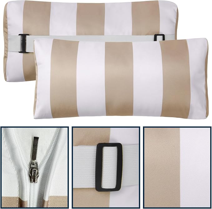 Outdoor Pillow for Chaise Lounge Chair, 2pcs Striped Chaise Lounge Pillows, Adjustable Strap Head Lumbar Pillow for Patio Pool Beach Office, Khaki