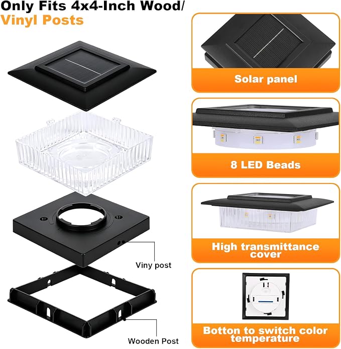 4x4 Solar Post Cap Lights, 13 Lighting Modes Post Solar Lights Outdoor | 8 LED IP44 Waterproof Solar Deck Lights, for 4x4 3.5x3.5 Wood/Vinyl Fence Post