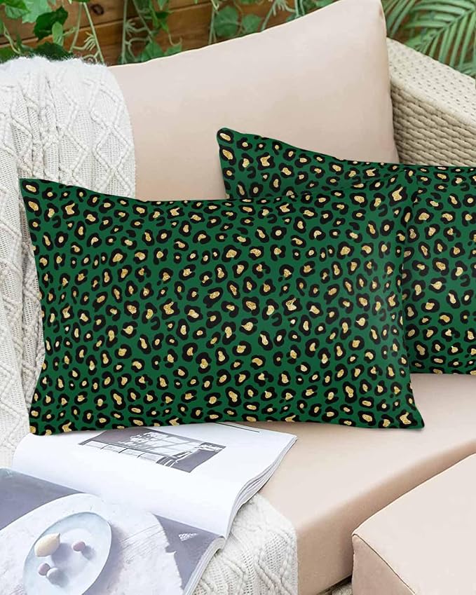 Vandarllin Outdoor Throw Pillows Covers 20x12 inch Set of 2 Waterproof Green Leopard Print Decorative Zippered Cushion Covers for Patio Furniture, Luxury Animal Fur Pattern Lumbar Pillowcases