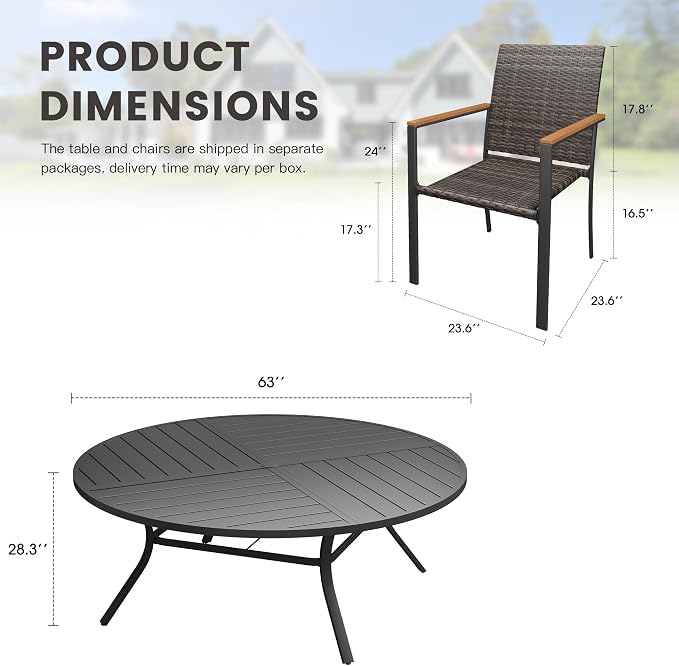 Round Patio Dining Set for 10, Outdoor Furniture Set of 63 Round Metal Table with Umbrella Hole and Stackable Wicker Patio Chairs for Backyard Lawn Garden, Walnut Chairs, Black Table