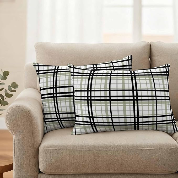 Abstract Stripes Outdoor Pillow Covers Set of 2 Sage Green Black Grey Plaid Waterproof Throw Pillow Cover Decorative Cushion Cases for Patio Porch Garden 20X12 Inch