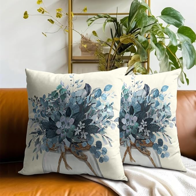 Eucalyptus Throw Pillow Covers 16x16 Set of 2, Winter Mason Jar Blue Leaves Branch Floral Decorative Pillow Cases Farmhouse Cotton Cushion Cover for Couch Sofa Bed Home Decor