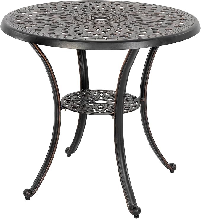 NUU GARDEN 31 Inch Cast Aluminum Patio Bistro Table, Black | Features an umbrella hole, decorative tabletop pattern and durable cast aluminum construction for outdoor use