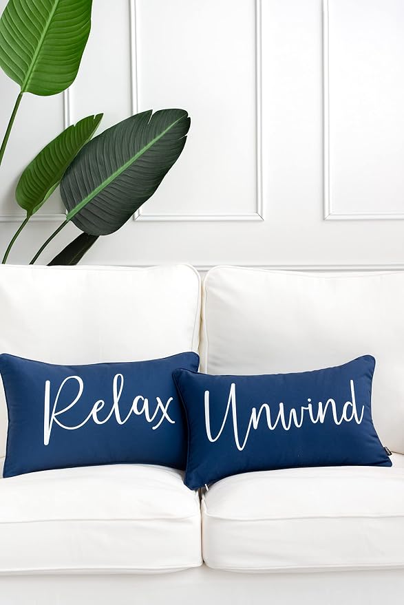 Hofdeco Porch Patio Indoor Outdoor Lumbar Pillow Cover ONLY for Backyard, Couch, Sofa, Navy Blue Relax Unwind, 12x20, Set 03-0411-D 0