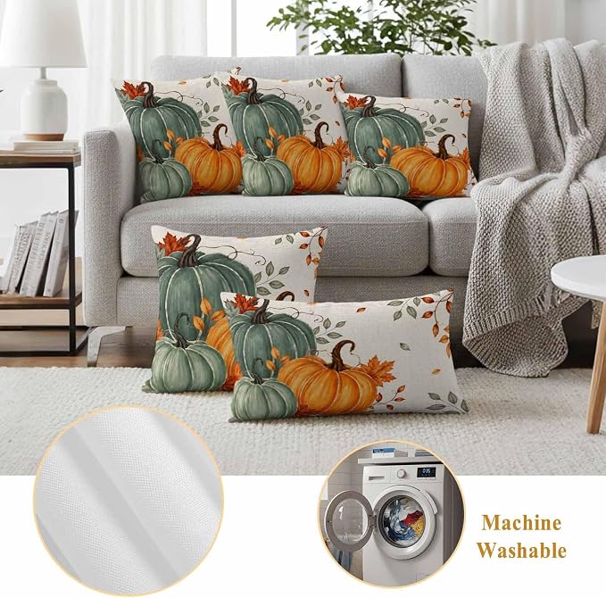 Green Orange Fall Waterproof Outdoor Pillow Covers 16''x16'' Set of 2, Maple Leaves Thanksgiving Patio Furniture Cushion Covers for Chairs,Decorative Farmhouse Beige Pillow Cases for Garden/Pool/Beach