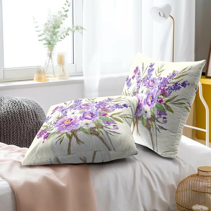 Lavender Throw Pillow Cover 22x22 Inches Summer Delicate Flowers Purple Botanical Bunch Plant Square Pillowcases Outdoor Sofa Bed Decor Cushion Covers for Home