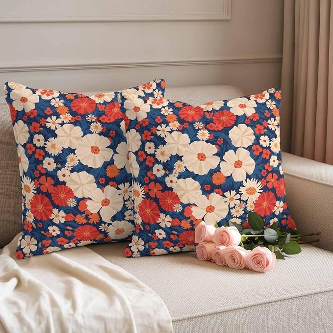 Independence Day Outdoor Waterproof Throw Pillow Covers Set of 2, 20"x20", Red White Daisy Retro 4th of July Decorative Pillow Covers Outside Cushion Case for Patio Porch Garden