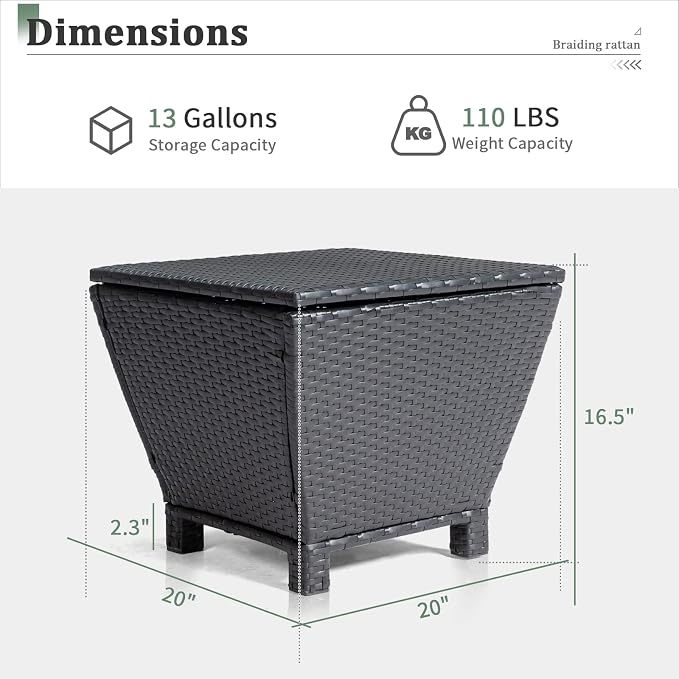 VINGLI Outdoor Side Table with Storage, 13-Gallon Patio Deck Box Outdoor Wicker Side Table for Poolside Balcony Storage Table (Black, Trapezoid)