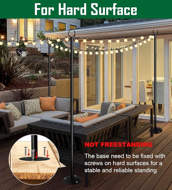 10ft String Light Poles for Hard Surfaces, Light Poles for Outdoor String Light, Perfect for Garden, Backyard, and Patio Lighting Stand for Parties, Wedding - Matte Black Finish - 2 Pack