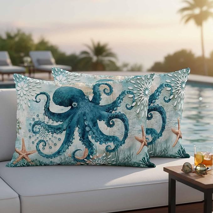 Ocean Creature Outdoor Waterproof Throw Pillow Covers Set of 2, 20"x12", Eight Pawfish Corals Sea Stars Decorative Pillow Covers Outside Cushion Case for Patio Porch Garden