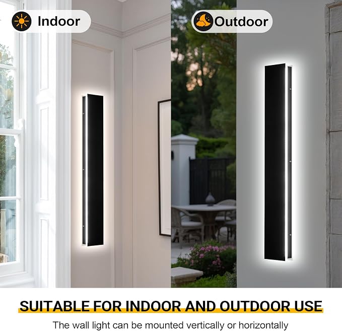 AioTio 23.6in 2pcs Modern Outdoor Wall Light, Upgraded 4.72in Wide Outdoor Wall Sconce, Dimmable Waterproof IP65 Long LED Black Garage Lights, Exterior Wall Lighting fixtures for House, Front Door