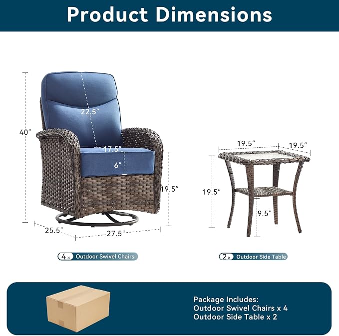 Luxury Wicker Patio Furniture Set with 6-Inch Thick Cushions, 6 Pieces Outdoor Swivel Rocker Patio Chairs Set of 4 with Rattan Side Table, Ooutdoor Patio Conversation Sets for Garden Porch Deck, Blue
