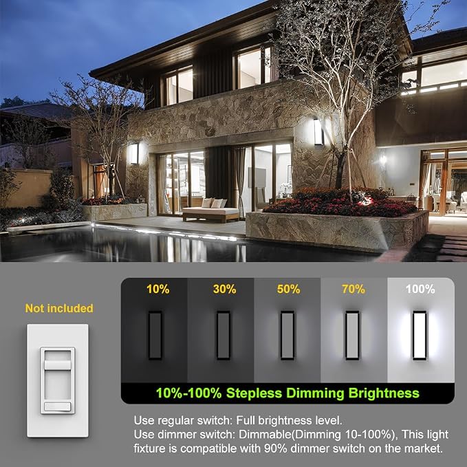 10%-100% Dimming LED Modern Outdoor Wall Light, 16in 6000K Dimmable Porch & Patio Wall Light Fixture,Black Aluminum&Dual PC Wall Lights Suitable for Garage Living Room Courtyard House(6000K)
