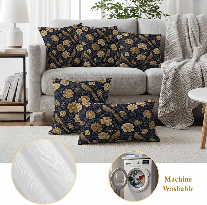 Vintage Gold Navy Blue Floral Outdoor Pillow Covers 20"x12" Set of 2, Bird Peony Flower Traditional Waterproof Throw Pillow Covers for Patio Furniture, Decorative Cushion Covers for Porch