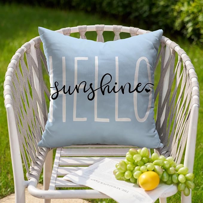 DFXSZ Sky Blue Outdoor Waterproof Pillow Covers 16x16 Set of 2 | Hello Sunshine Decor Spring Summer Polyester Pillow Covers(NO INSERTS)| Decor for Patio Funiture Garden Sofa Couch