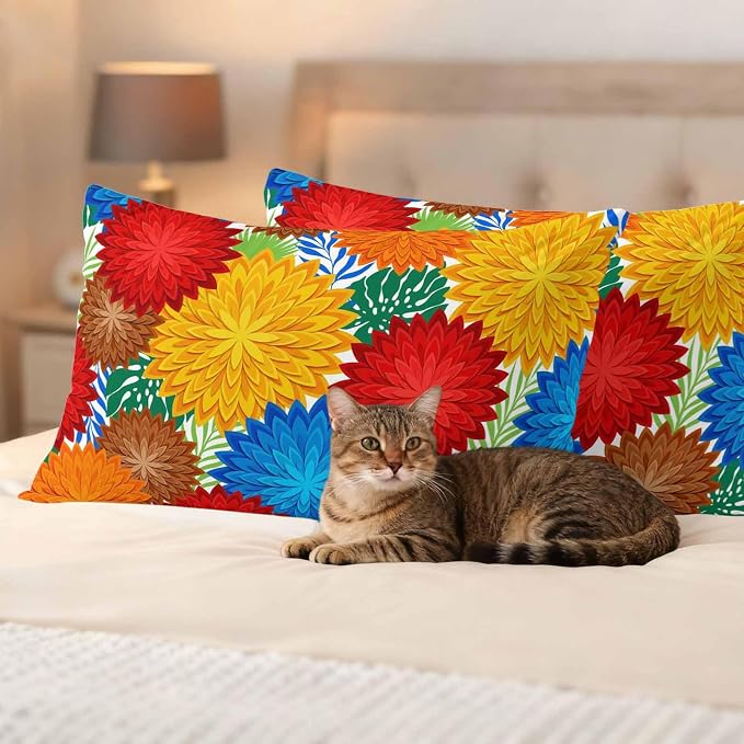 Red Yellow Blue Flowers Outdoor Pillow Covers Waterproof, All Weather Cushion Case Set of 2, Boho Colorful Floral Plant Lumbar Pillowcase for Sofa Couch Bed Decor Patio Furniture 20"x12"