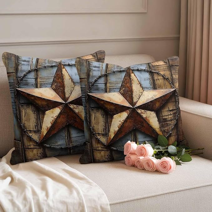 Rustic Star Brown Waterproof Outdoor Pillow Covers Set of 2 Home Decor, Vintage Farmhouse Wooden Grain Art Pillowcase Patio Pillow Covers for Couch Bench Furniture Garden 18x18in