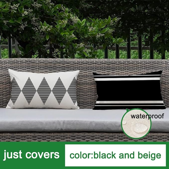 Outdoor Pillows Covers 12x20 Waterproof,Black and Beige Set of 4(No Insert) | for Covered Patio Furniture Sunbrella,No Insert Just Covers,Durable Polyester,Fit 12x20 inch Inserts or Smaller,Boho Lumbar