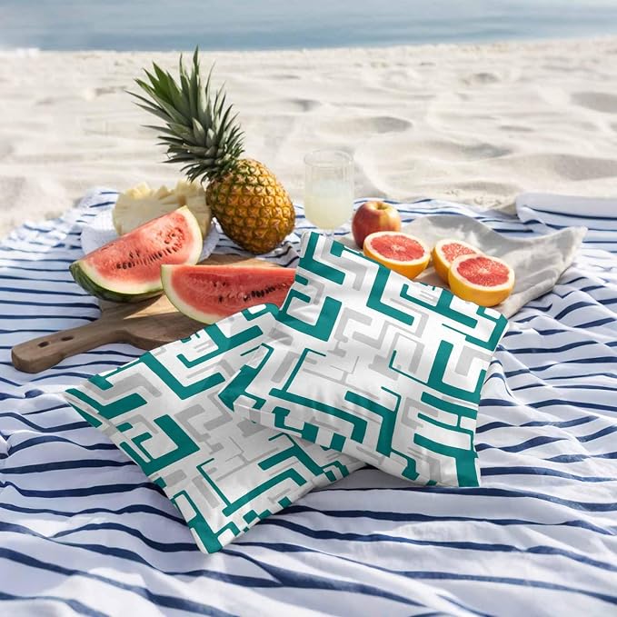 Vandarllin Outdoor Throw Pillows Covers 24x24 inch Set of 2 Waterproof Turquoise Geometric Stripes Decorative Zippered Cushion Covers for Patio Furniture, Modern Abstract Lines Lumbar Pillowcases