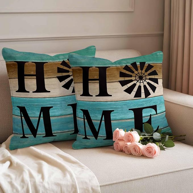 Outdoor Pillow Covers Set of 2, Home Farm Retro Wood Board Decorative Throw Pillow Covers 18X18IN, Teal Gradient Wooden Throw Pillows Protector Cushion Case for Patio,Couch,Sofa,Garden
