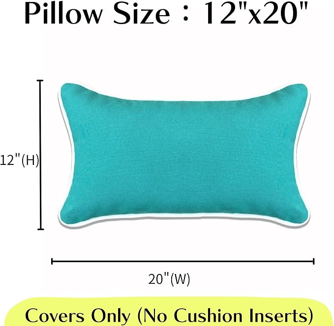 HER HWA Outdoor Lumbar Pillow Covers White Piping 20x12 Set of 2 Turquoise | durable fade-resistant water-resistant 100% polyester white piping smooth zipper machine washable for indoor outdoor décor