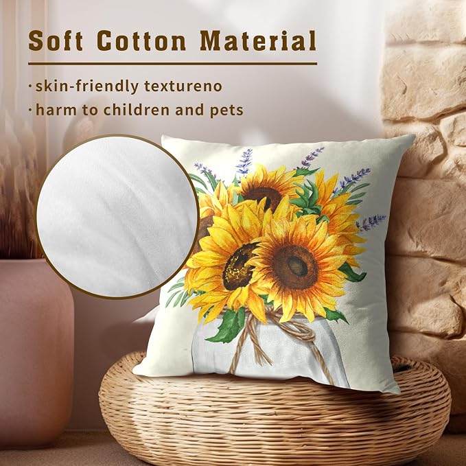 Sunflower Vase Throw Pillow Cover 22x22 Inches Yellow Floral Bright Summer Flowers Lavender Botanica Square Pillowcases Outdoor Sofa Bed Decor Cushion Covers for Home