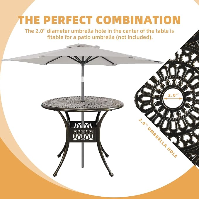 5 Piece Patio Dining Set, Outdoor Table and Chairs Set for 4 Cushioned Swivel Rocking Chairs and 35.4'' Round Table, All-Weather Cast Aluminum Patio Funiture Set, 2'' Umbrella Hole, Blue