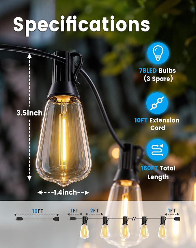 160FT(150+10) String Lights Outdoor, 2FT Bulb Spacing, Waterproof Shatterproof Warm White ST38 LED Edison Bulbs, Extension Cord, Plug in Connectable Hanging Patio Lights for Outside, Backyard